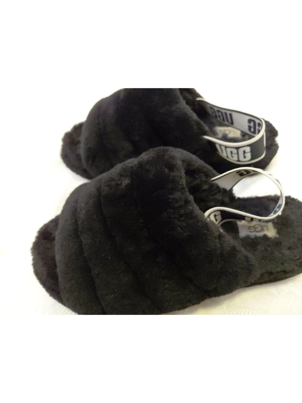 UGG Slippers Fluff Yeah Slide Black Sheepskin Slingback Sandals Womens 8 US
